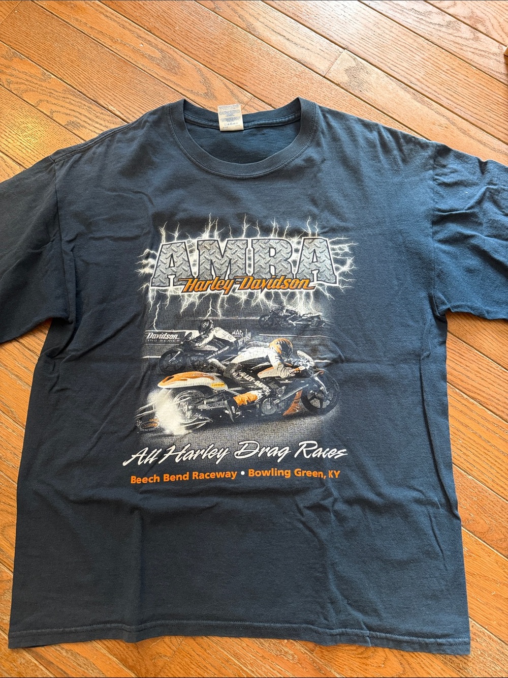 Harley-Davidson Black T-Shirt with Orange & White Motorcycle Graphic